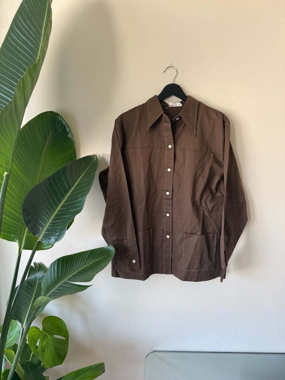 Vintage 1970s Sears Brown Contrast Stitch Dagger Collar Shirt Jacket Size 38